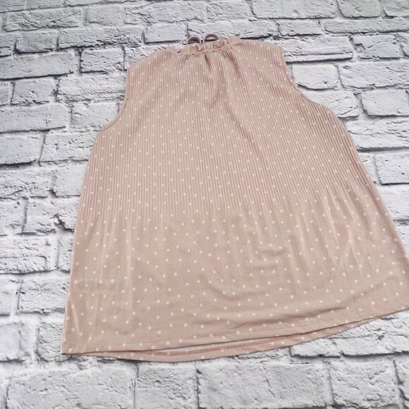 Adriana Papell Sleeveless Shirt Blouse Medium Pink Polka Dot Ruffle Tie Neck‎ - Picture 8 of 9